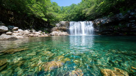 Serene waterfall in lush green forestの素材