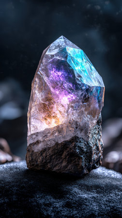 Iridescent crystal quartz gemstone on dark backgroundの素材