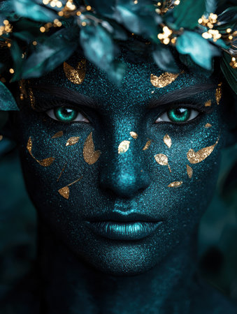Mysterious glittering face with emerald eyesの素材