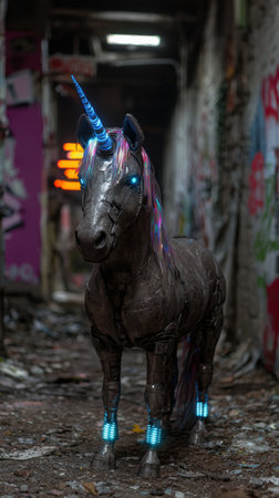 Futuristic unicorn statue in abandoned alleyの素材