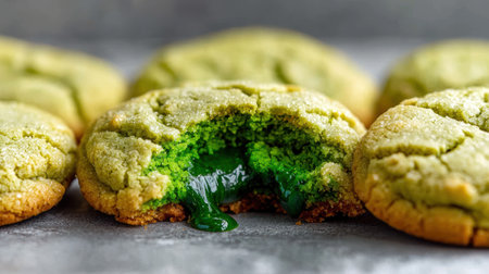 Vibrant green matcha cookies with gooey centerの素材