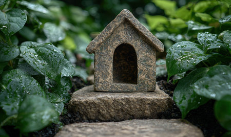 Miniature stone house in lush gardenの素材