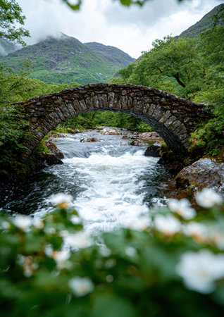Picturesque stone bridge over rushing mountain streamの素材