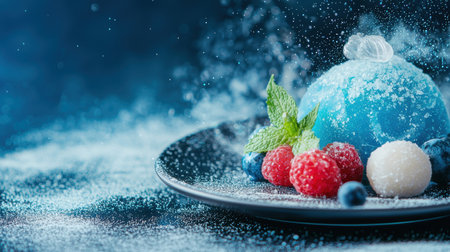 Frozen winter berries and mint on dark backgroundの素材