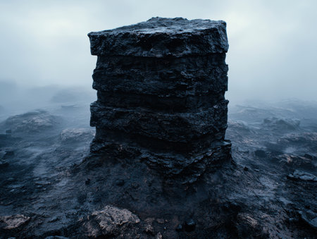 Dramatic rocky outcrop in misty ocean landscapeの素材