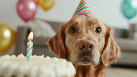Adorable dog with birthday hat and cakeの素材