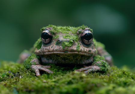 Close-up of a moss-covered frog with large eyesの素材
