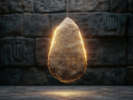 Glowing stone suspended in dark caveの素材