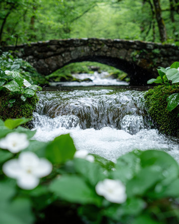 Flowing water cascading through a lush green forestの素材