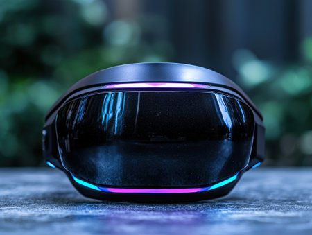 Sleek and futuristic motorcycle helmet with glowing lightsの素材