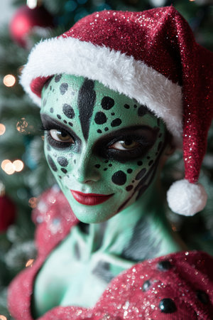 Festive holiday character with sparkling red hat and green faceの素材