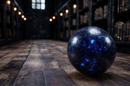 Mystical crystal ball on wooden table in dark roomの素材