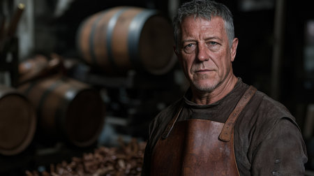 mature man in a winery or cellarの素材