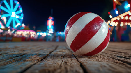 Colorful carnival scene with a red and white striped ball in the foregroundの素材