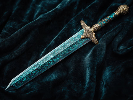 Ornate medieval sword on dark velvet backdropの素材