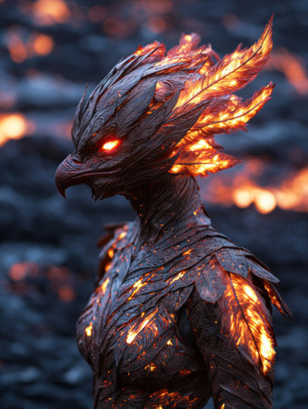 Fiery fantasy creature with glowing feathersの素材