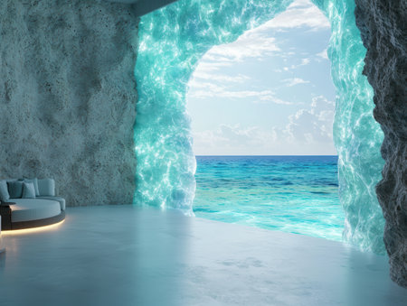 Serene underwater cave with turquoise waters and cloudy skyの素材