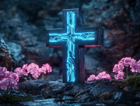 Glowing cross in a mystical forestの素材
