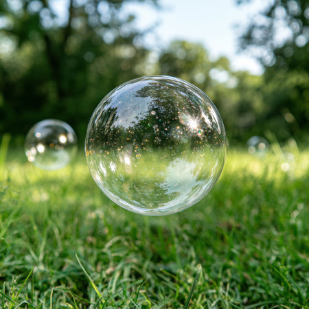 Reflective glass sphere in grassy fieldの素材