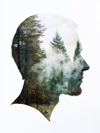 double exposure portrait of man and misty forestの素材