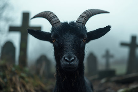 Mysterious black goat with horns in a graveyardの素材