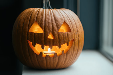 Carved halloween pumpkin with glowing faceの素材