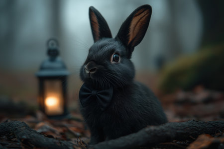 Adorable black rabbit with bow tie in forestの素材