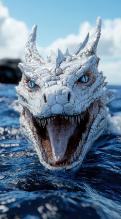 Fearsome dragon head emerging from the oceanの素材