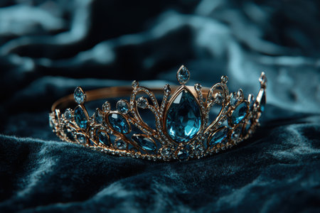 Elegant golden crown with blue gemstones on dark fabricの素材
