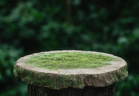 Moss-covered tree stump in a lush forestの素材