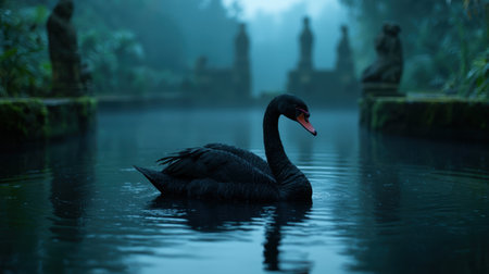 serene black swan swimming in tranquil lakeの素材
