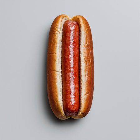 Delicious hot dog with ketchup on a bunの素材