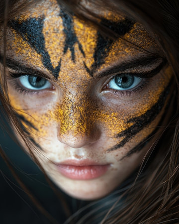 Intense gaze of a woman with face paintの素材