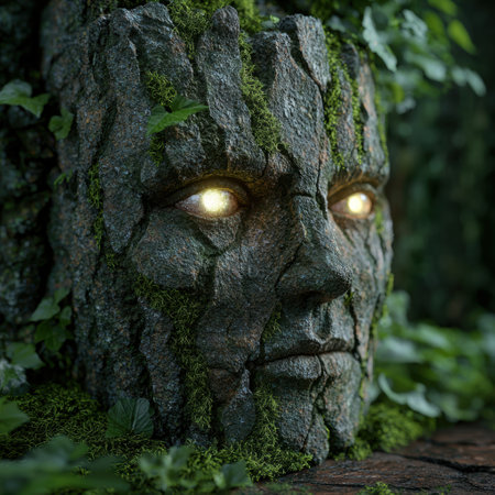 mysterious stone face in forestの素材