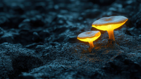 Glowing mushrooms in the dark forestの素材