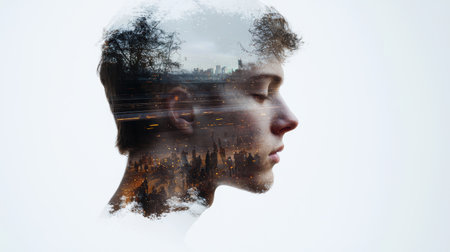 double exposure portrait of a pensive personの素材