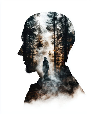 Silhouette of a person in a foggy forestの素材