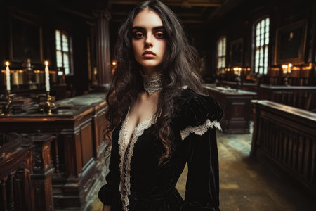 Mysterious woman in dark castle interiorの素材