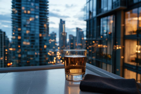 glass of whiskey on table with city skyline at nightの素材