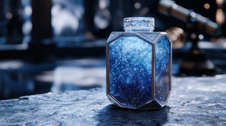 Sparkling blue glass bottle on snowy groundの素材