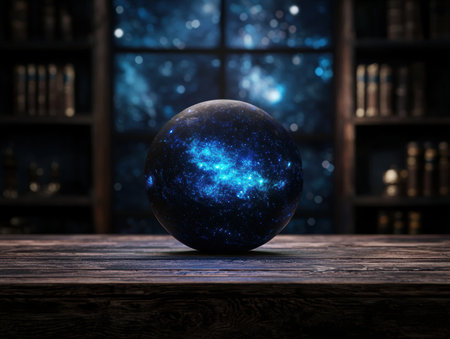 Glowing galaxy orb on wooden table with night sky backgroundの素材