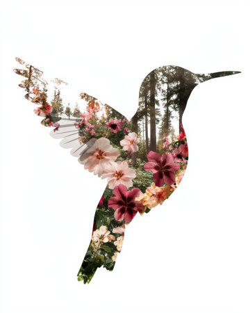 Floral hummingbird silhouette in natureの素材