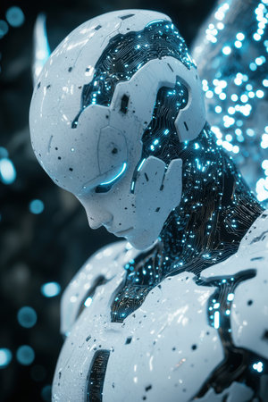 Futuristic AI robot head with glowing circuitsの素材