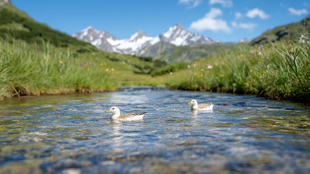 Serene alpine lake with swimming ducksの素材