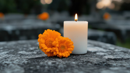 Peaceful memorial with orange flowers and candleの素材