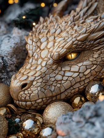 close-up of a golden dragon figurine surrounded by holiday decorationsの素材