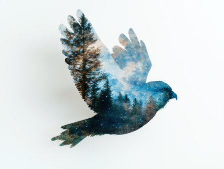double exposure of eagle and winter forest landscapeの素材
