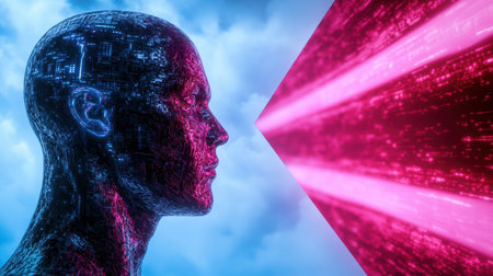 futuristic digital head emitting pink lightの素材