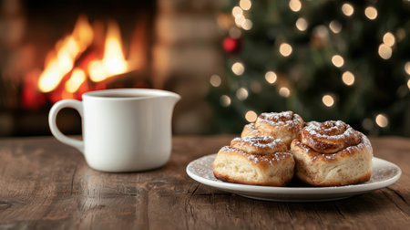 cozy winter scene with hot drink and pastriesの素材