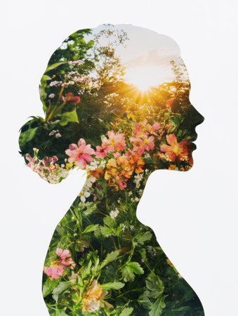 Silhouette of woman surrounded by natureの素材